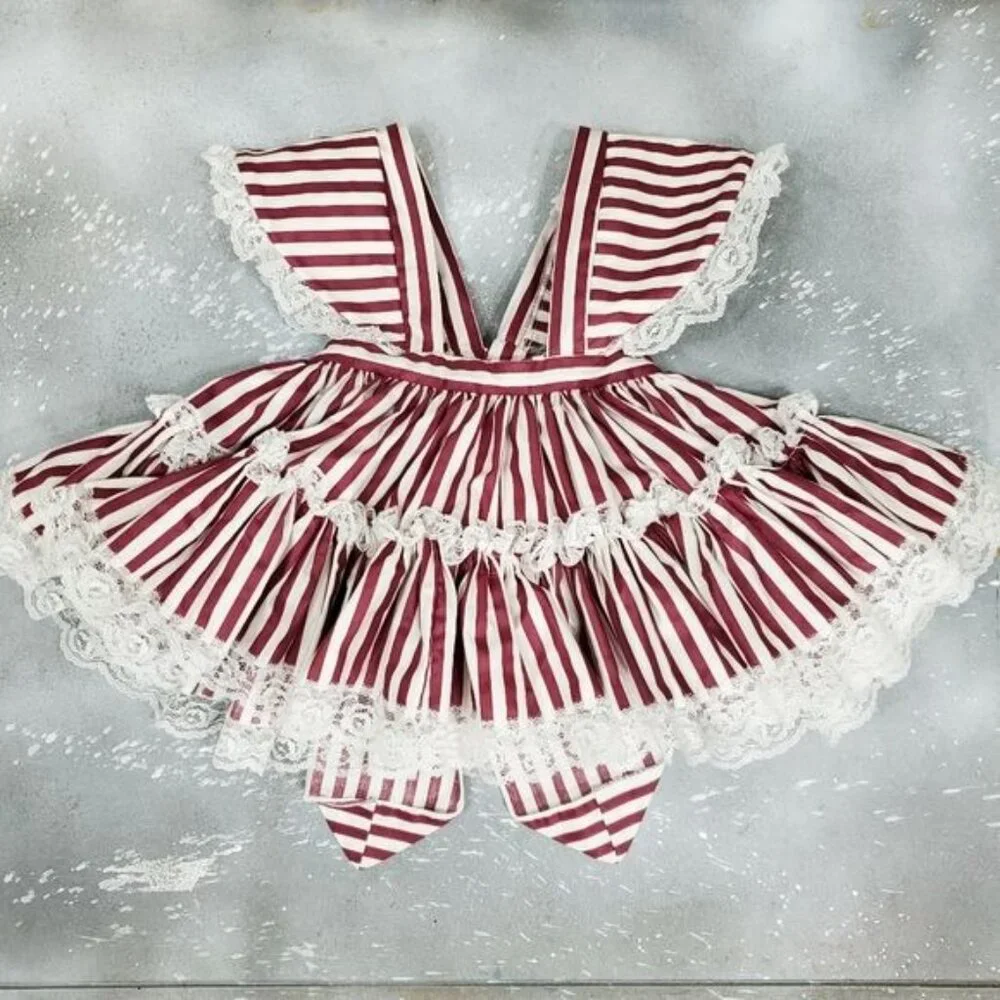 Vintage Lace Full Circle Pinafore Dress Bloomer Set Red Stripe Holiday Twirl - Picture 5 of 10